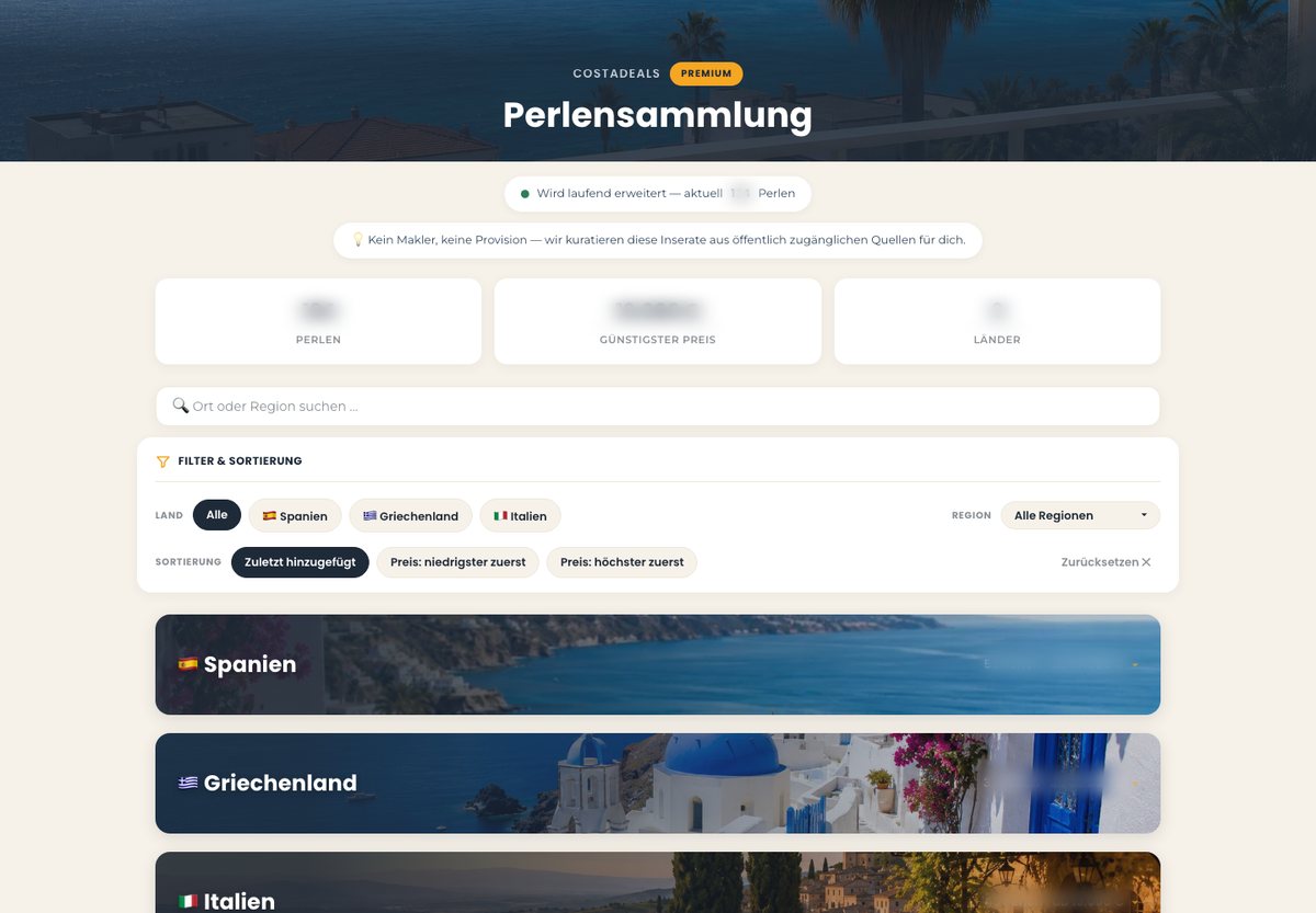 Die Perlensammlung mit Suchfeld, Filtern nach Land und Region und den Länderbereichen für Spanien, Griechenland und Italien