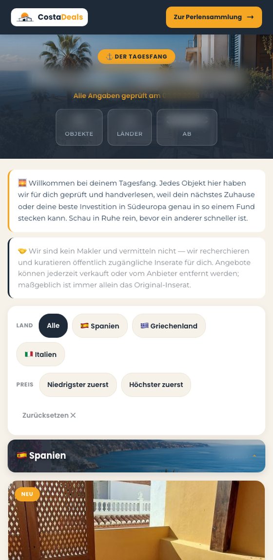 Der Tagesfang am Telefon mit Datum, geprüften Angaben und der Anzahl der Objekte, Länder und dem niedrigsten Preis